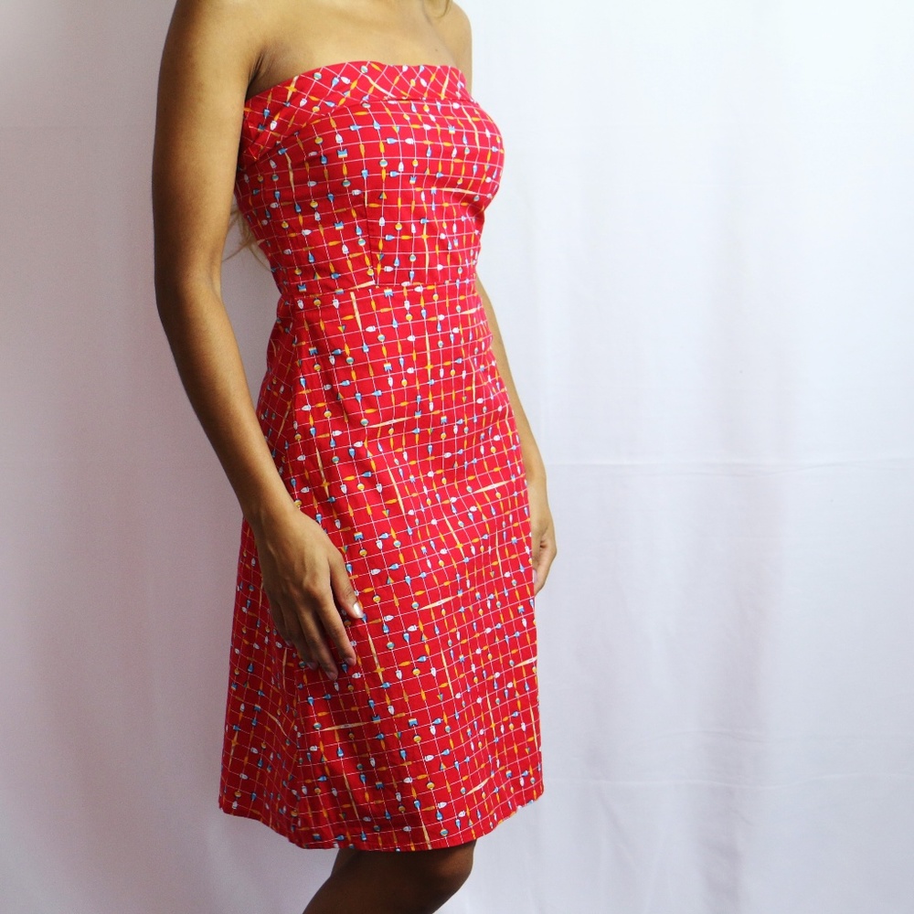Vintage Red Strapless Dress w/ Geometric Pattern
